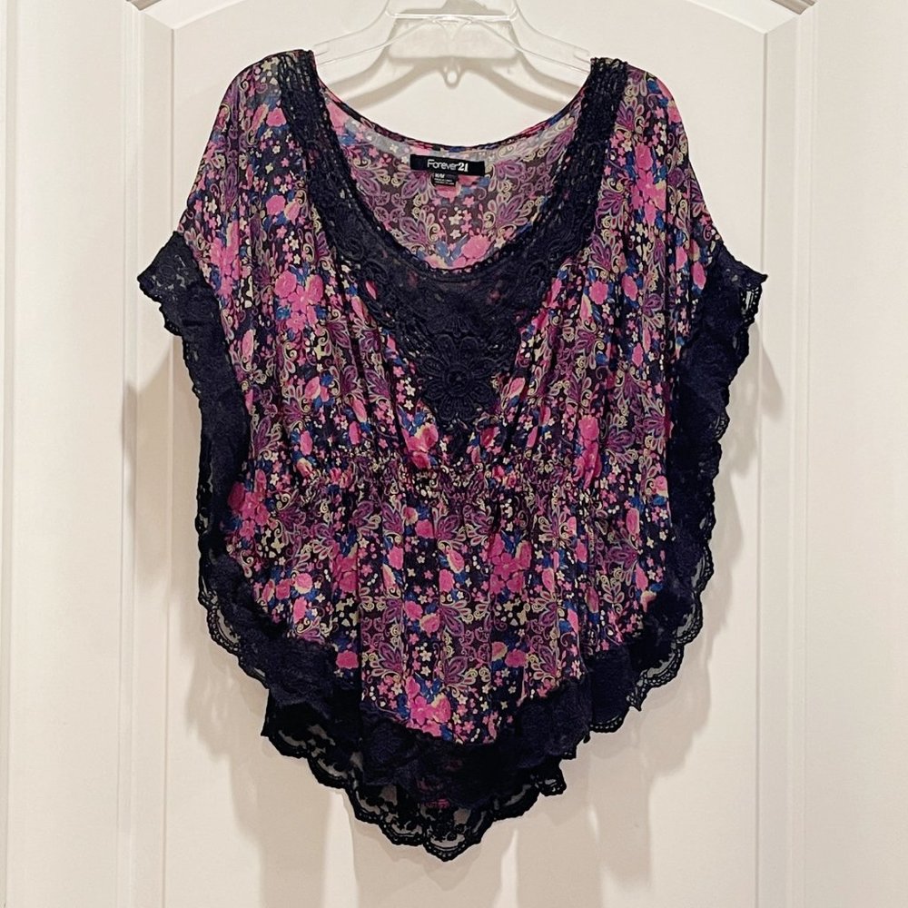 Forever 21 Medium Black Floral Lace Trim Batwing Butterfly Wing Sleeve Blouse